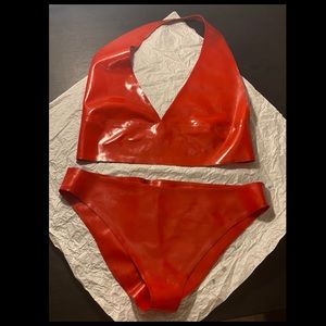 LATEX bikini two piece halter high waisted red